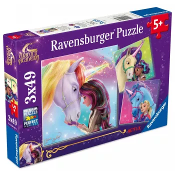 Zestaw puzzli Ravensburger Unicorn Academy — 3 x 49 elementów, dla dzieci