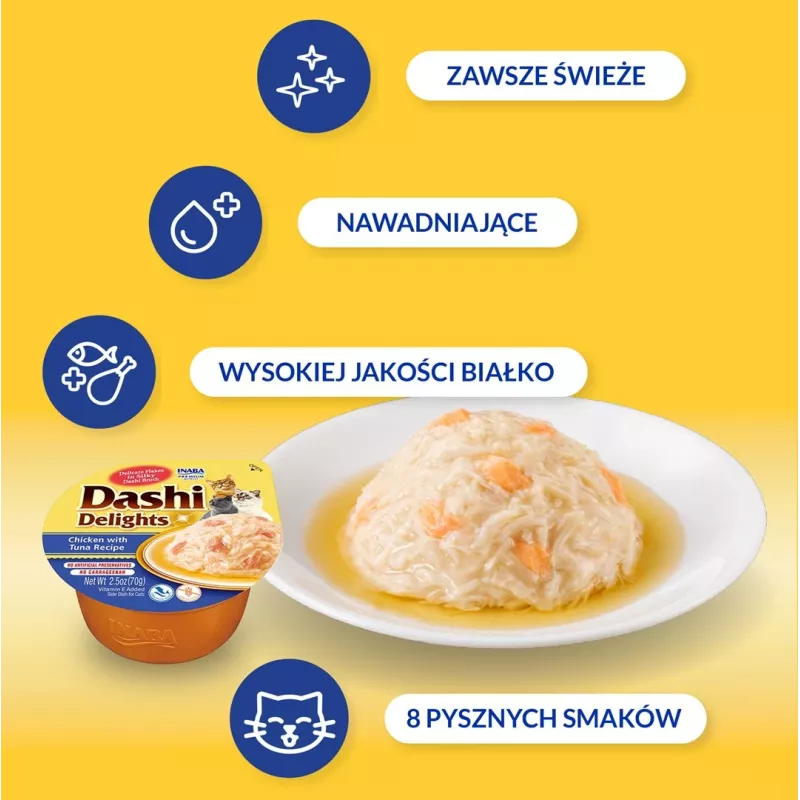 Przysmak dla kota INABA Dashi Delights Chicken & Tuna Bouillon, saszetka 70 g, bez zbóż, bez glutenu, bez soi