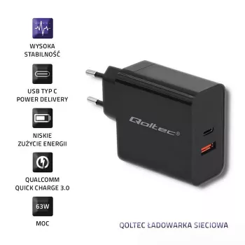 Zasilacz QOLTEC 51716 — AC 220–240V na 20V 3A (63W), czarny, uniwersalna ładowarka wewnętrzna