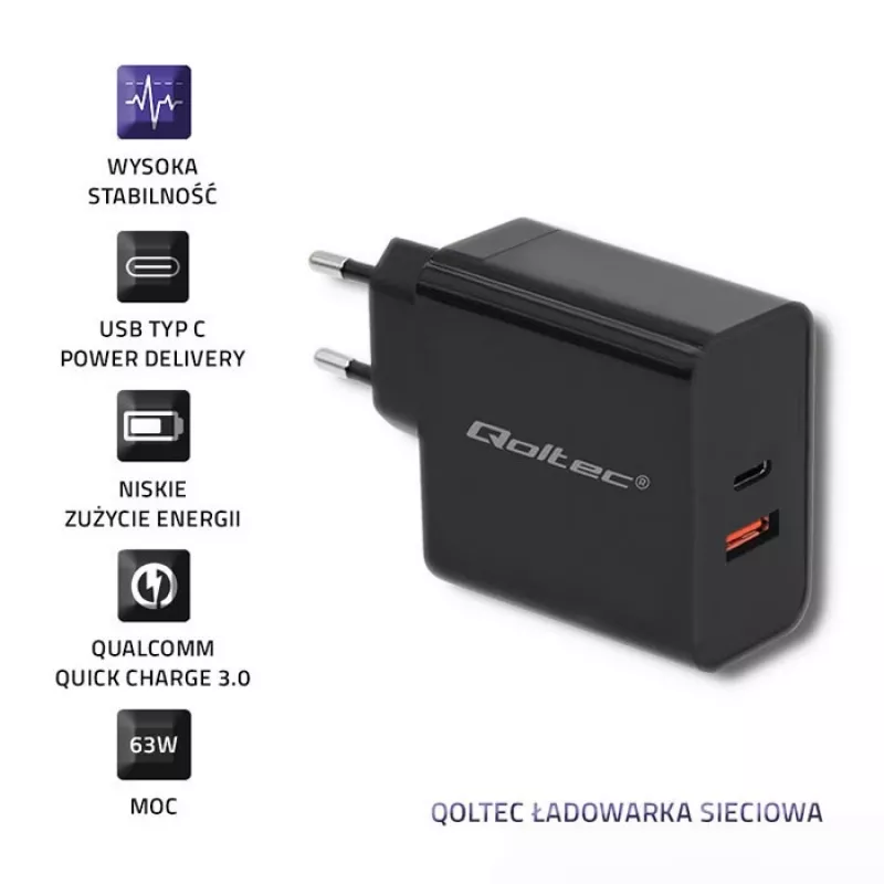 Zasilacz QOLTEC 51716 — AC 220–240V na 20V 3A (63W), czarny, uniwersalna ładowarka wewnętrzna