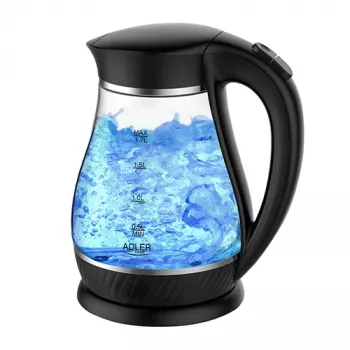 Adler | Czajnik | AD 1274 | Standard | 2200 W | 1,7 L | Plastik/Szkło | Obrotowa podstawa 360° | Czarny/Przezroczysty