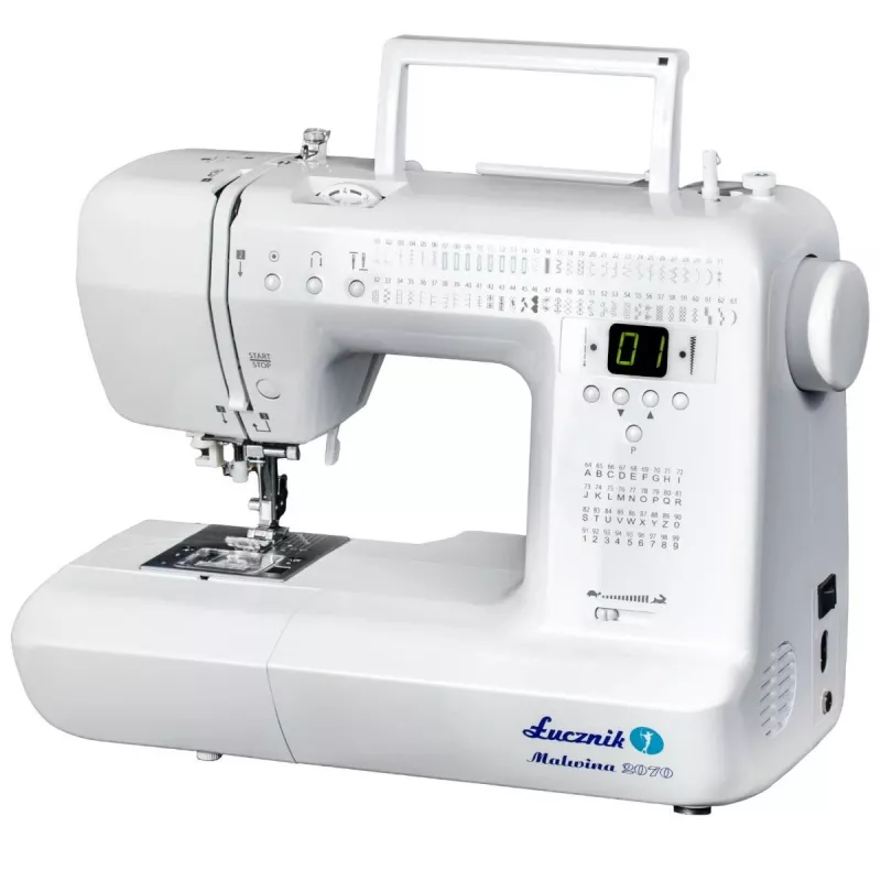 Mechaniczna maszyna do szycia domowego lucznik Malwina 2070 — 63 ściegi, szerokość ściegu 7 mm, 99 programów, automatyczne dziurkowanie, wolne ramię