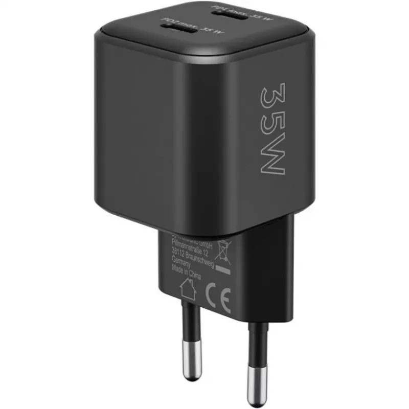 Ładowarka ścienna GOOBAY 75333 — uniwersalna wewnętrzna ładowarka AC USB-C, 2x USB-C, 35 W, czarna
