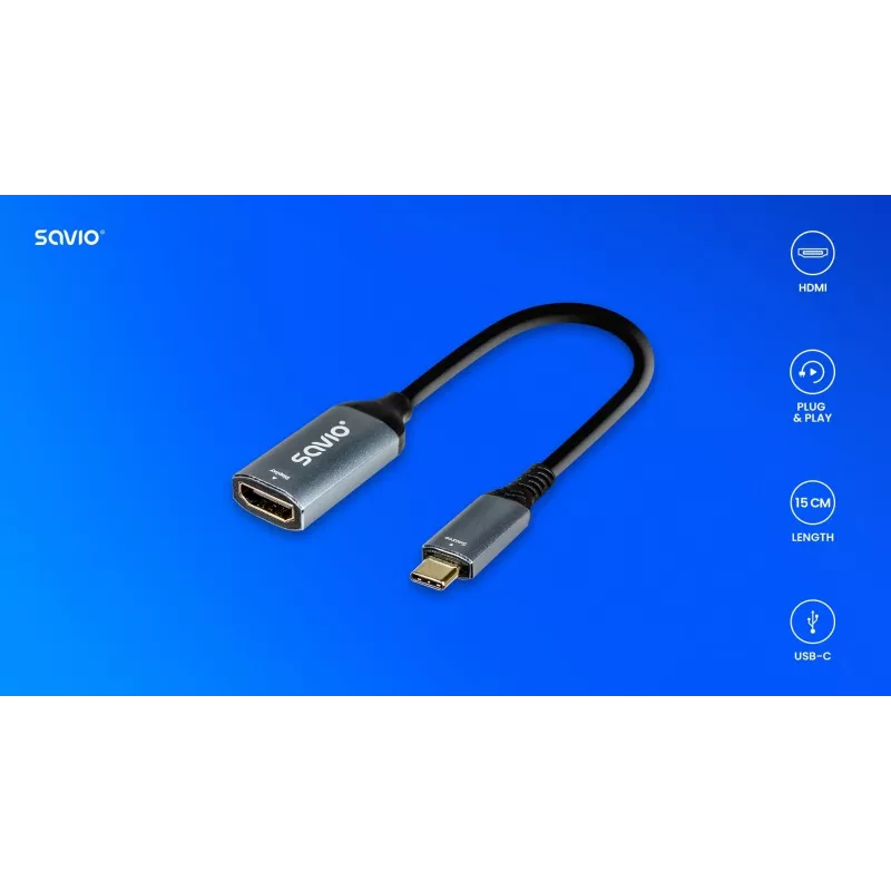 Adapter Savio USB-C (M) HDMI (F), 4K, 60Hz, Aluminium, AK-78