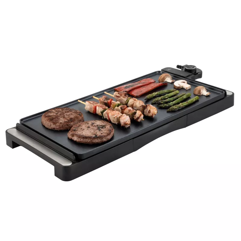 Grill kontaktowy Jata JEGR1245 — 2200 W, sterowanie obrotowe, prostokątny 655×255 mm, czarny/srebrny