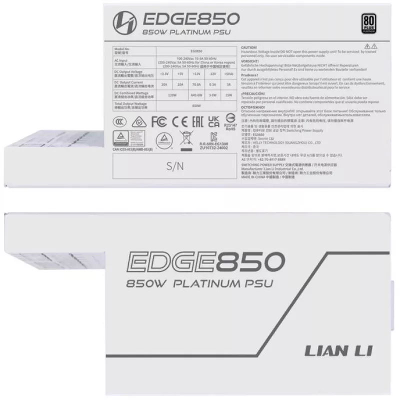 Zasilacz Lian Li EG0850 850 W SFX, 20-pin ATX, 80 PLUS Gold, biały