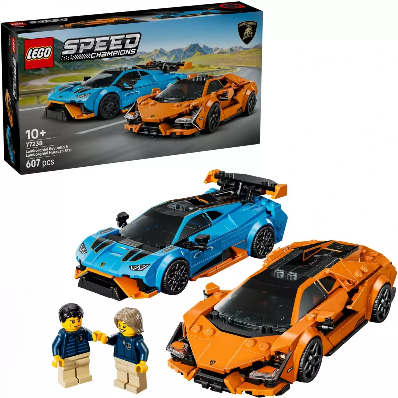 Klocki konstrukcyjne LEGO Speed Champions zestaw 77238 — Lamborghini Revuelto & Huracán STO, 607 elementów, 2 minifigurki, zalecany wiek 10+