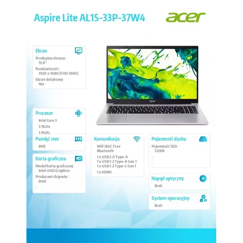 Laptop Acer Aspire Lite Core i3 N355, wyświetlacz 15,6 cala, 8 GB RAM, 512 GB SSD, bez systemu operacyjnego