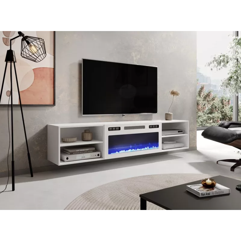 szafka RTV POLO 180x33x39 biały + kominek biały