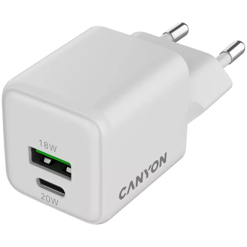 Ładowarka Canyon Charger CU20AC GaN 20W PD, 2-porty (USB-A/USB-C) biała detal (CNS-CUW20AC)