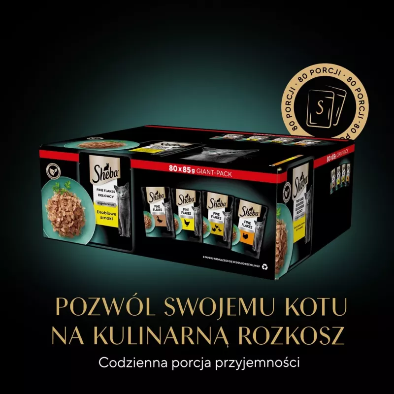 Mokra karma dla kota Sheba Kurczak Kaczka Indyk 85 g saszetka (80 × 85 g) dla dorosłych kotów, wilgotność 86%