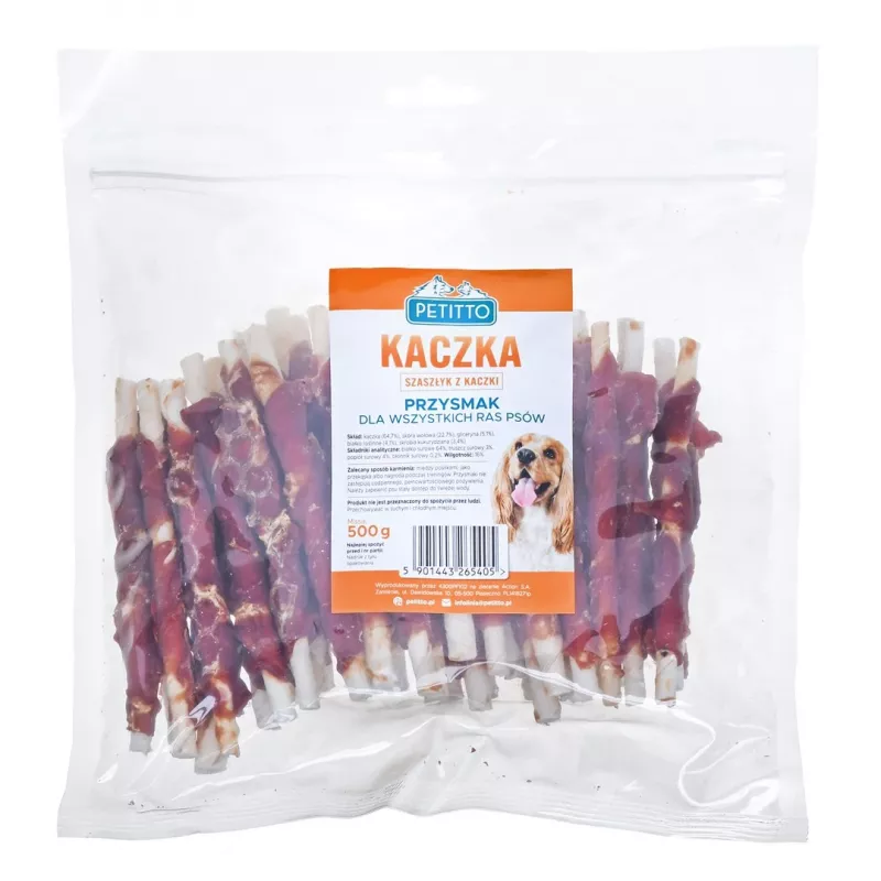 Przysmaki dla psa PETITTO Duck Kebab 500 g — miękkie kąski treningowe o smaku kaczki, 64% białka, 3% tłuszczu, bez glutenu i cukru
