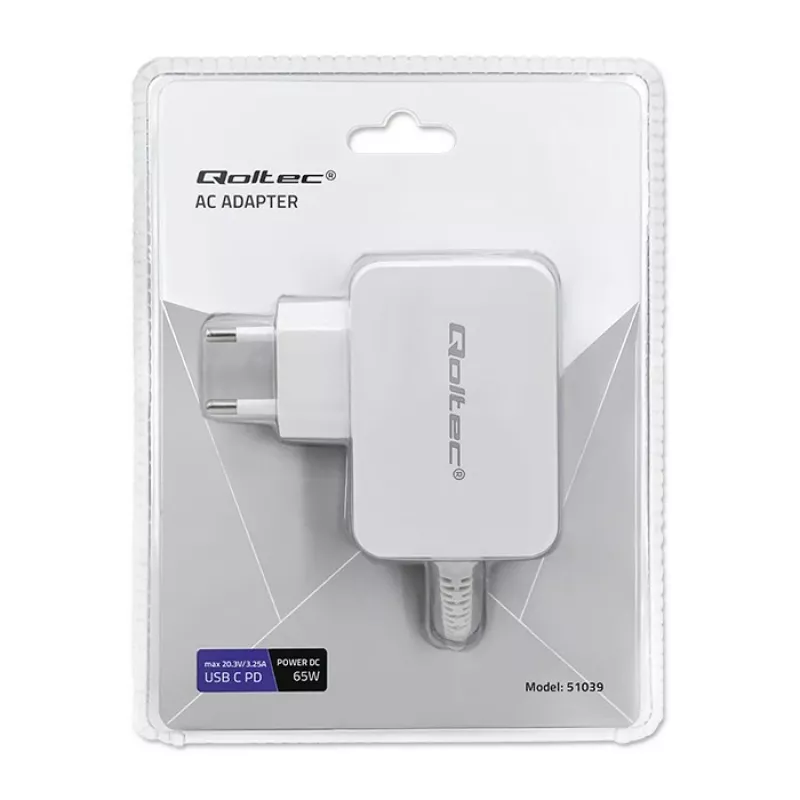 Zasilacz QOLTEC 51039 65W AC-to-DC 220–240V 20.3V/3.25A Type C biały, kabel 1.7 m