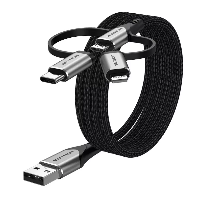 Kabel Vention USB 2.0 A męski do 3-w-1 Micro-B&USB-C&Lightning męski 1M szary stop aluminium typ