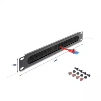 Listwa szczotkowa 12 cali 1U DELOCK metalowa obudowa ciemnoszara do zarządzania kablami w szafie rack