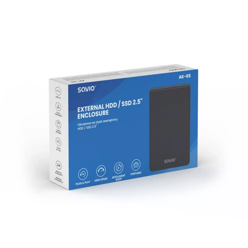 Obudowa HDD/SSD SAVIO AK-65 Czarna 2,5 cala SATA USB 3.0 5 Gbit/s Micro-USB