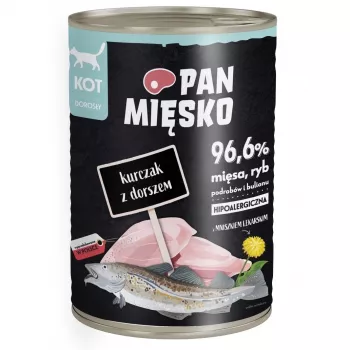 Mokra karma dla kota Pan Mięsko Kurczak z dorszem 400 g — dla dorosłych, bezzbożowa, dla alergików