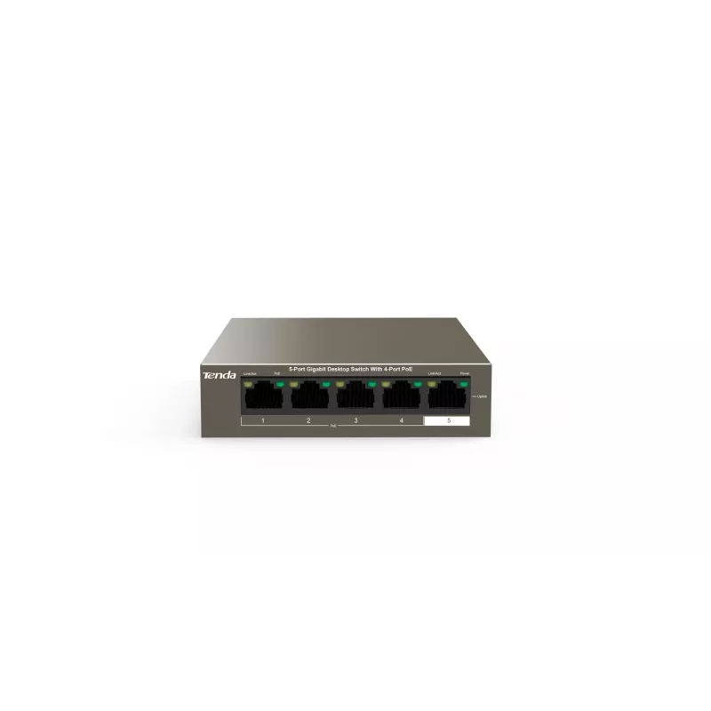 Przełącznik sieciowy TENDA TEG1105P-4-63W-EU, 5x Gigabit RJ-45, 4x PoE (57,8 W łącznie), 10 Gbit/s przełączanie