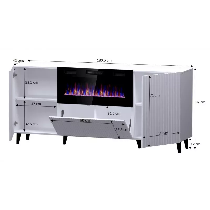 Komoda z kominkiem elektrycznym Cama Meble PAFOS 180x42x82 cm czarny mat, 3 drzwi, 2 półki, 1400–1600 W