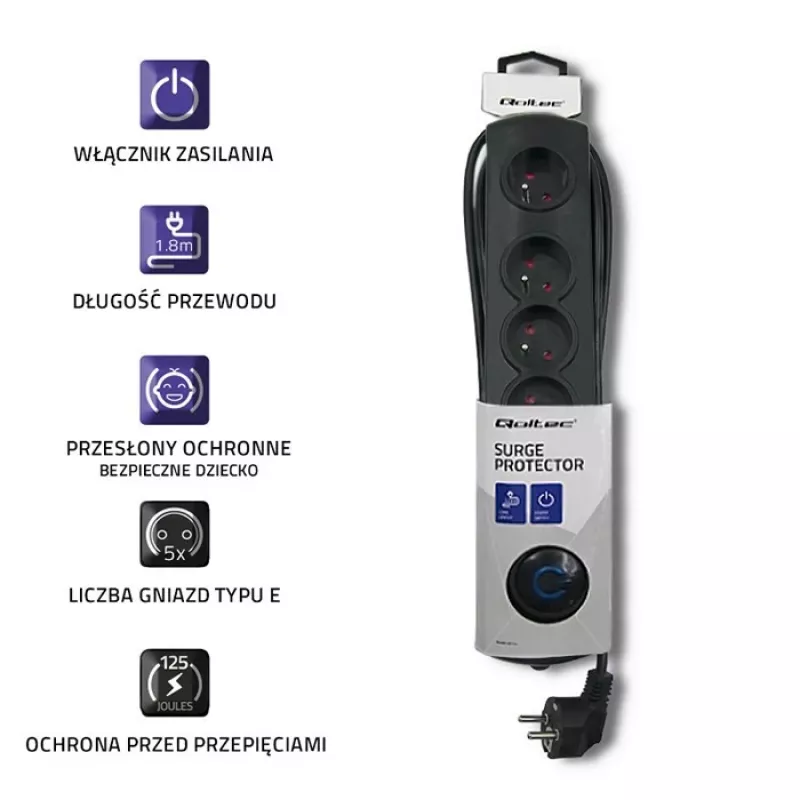Listwa przeciwprzepięciowa Qoltec 50269 Czarna 5 gniazd AC 230V