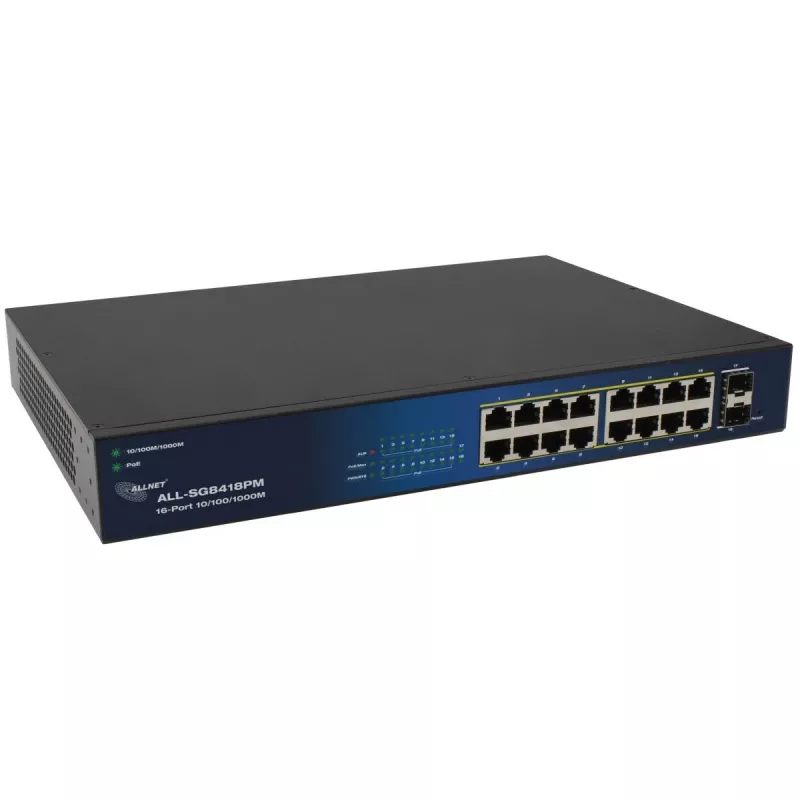 ALLNET 16+2P PoE Switch ALL-SG8418PM — 18-portowy Gigabit, 16 portów PoE, 2 porty uplink