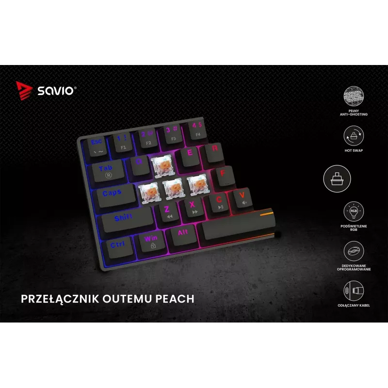 Mechaniczna klawiatura gamingowa SAVIO CzarnyOUT X2 PEACH — 61 klawiszy 60% QWERTY, RGB LED, hot-swap, USB Typ-A/Typ-C, odłączany kabel