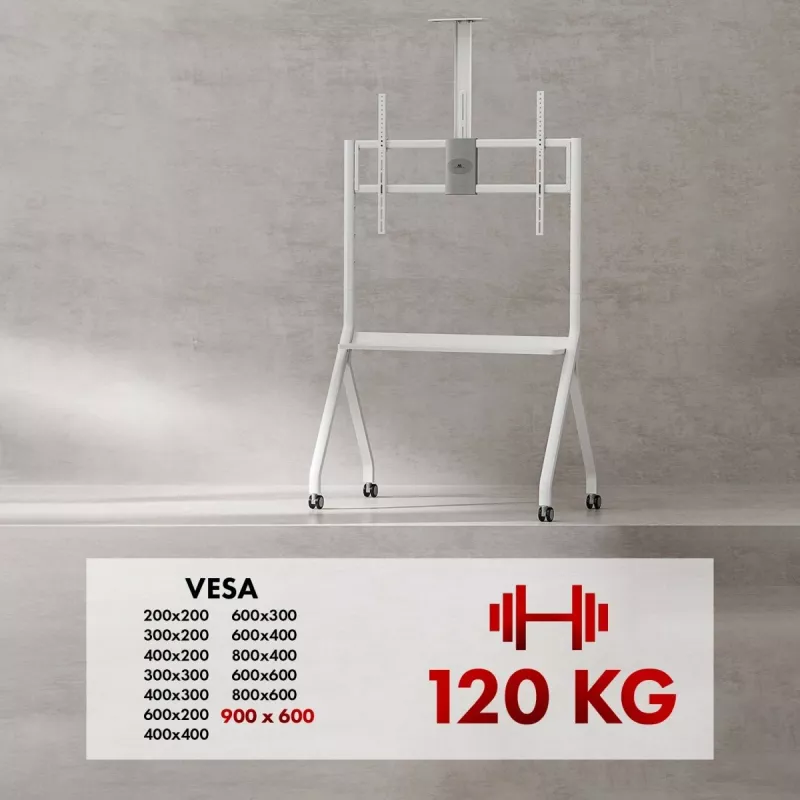 Stojak podłogowy pod telewizor MACLEAN MC-114 W do wyświetlaczy 55–100 cali, biały, VESA do 900x600, maks. obciążenie 120 kg, wysokość 115–152 cm, półka