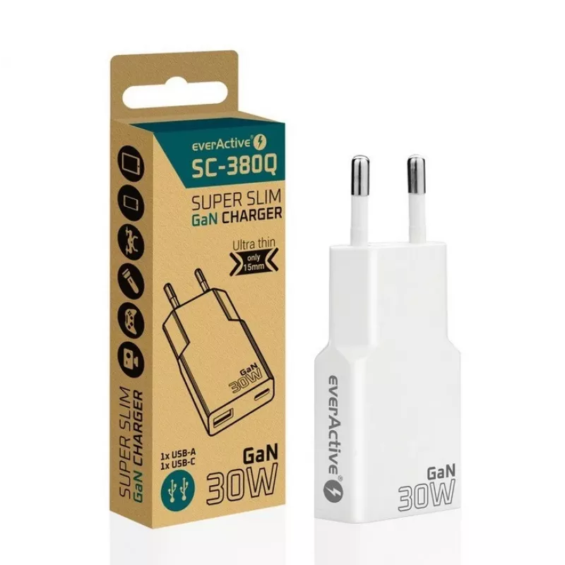 Uniwersalna ładowarka sieciowa USB everActive SC-380Q Super cienki QC 3.0 — Quick Charge 3.0, kompaktowa konstrukcja