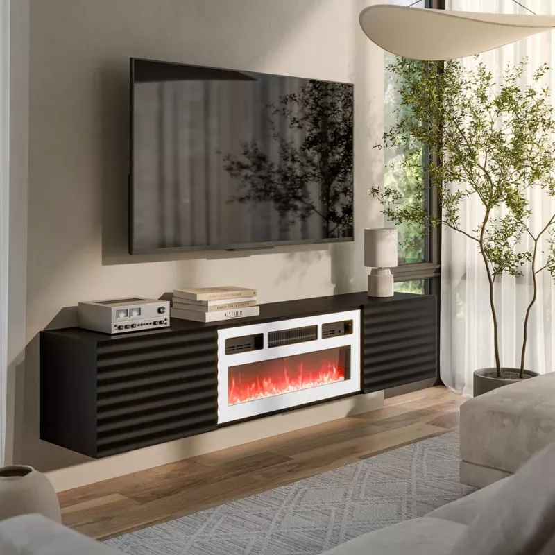 Cama szafka RTV TULA 183x35x37 czarny matowy + biały kominek