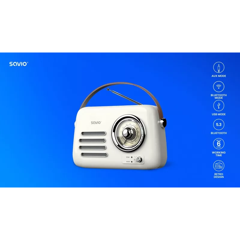 Radio przenośne SAVIO RS-02 — analogowy tuner FM, Bluetooth 5.3, zasilanie USB, 3 W, biały