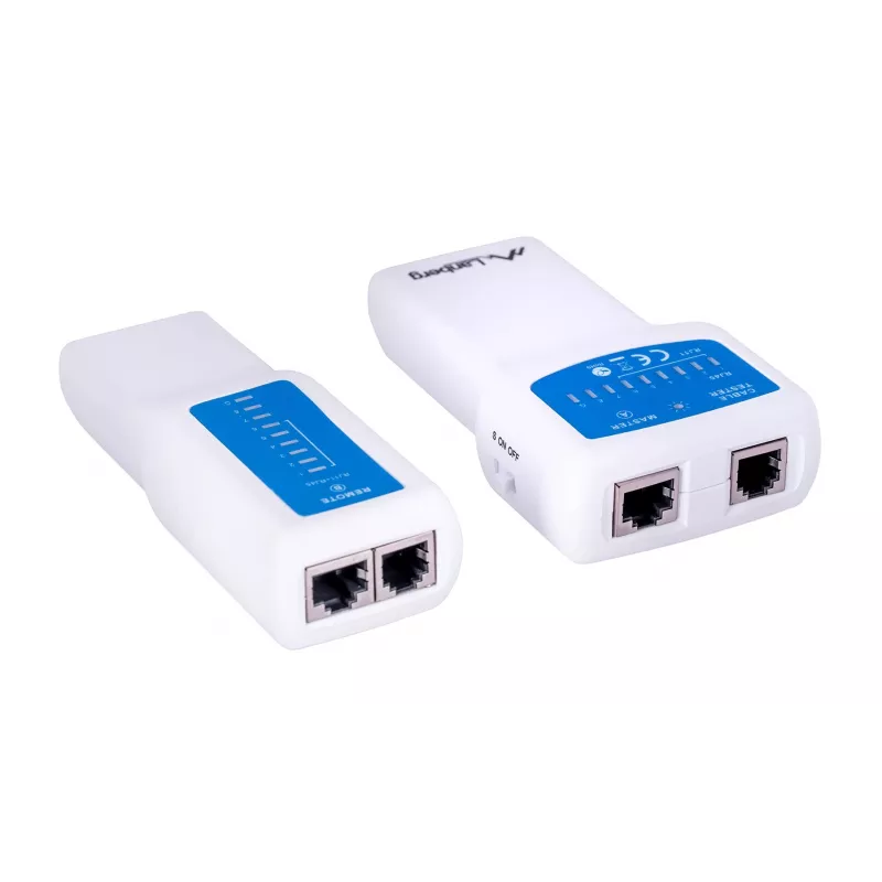 Tester PoE LANBERG NT-0402 — tester kabli sieciowych PoE z obsługą RJ-45/RJ-11, wskaźnikami LED, diodą zasilania, włącznikiem/wyłącznikiem
