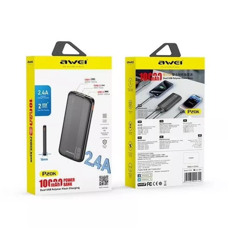 Awei PowerBank P20K 10000mAh Czarny/Czarny (10000mAh), Powerbank, Czarny