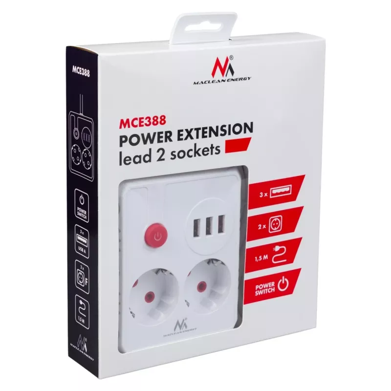 Listwa zasilająca MACLEAN MCE387 W — 2 gniazda, 3×USB A, 110–240V, 2500W, kabel 1,5 m, biała