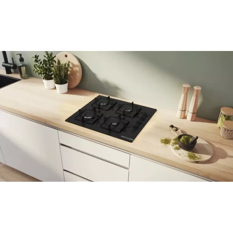 Wolnostojąca płyta gazowa Bosch Serie 2 POP6B6K30 60 cm, 4 strefy gazowe, czarne szkło hartowane, pokrętła