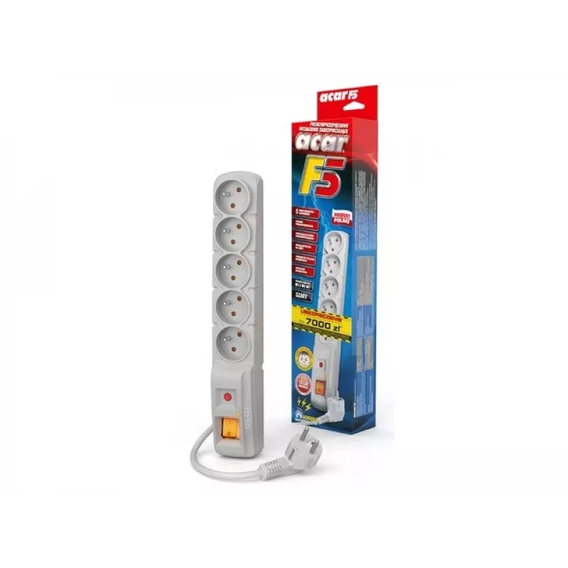 Listwa przeciwprzepięciowa ACAR F5, 5 gniazd, 3m, szary