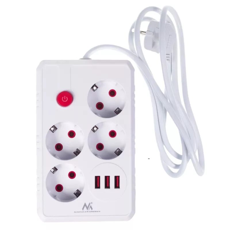 Listwa zasilająca MACLEAN MCE392 W — 4 gniazda F, 3×USB A, 110–240V, maks. 2.1A, 2500W, kabel 1,5 m, biała