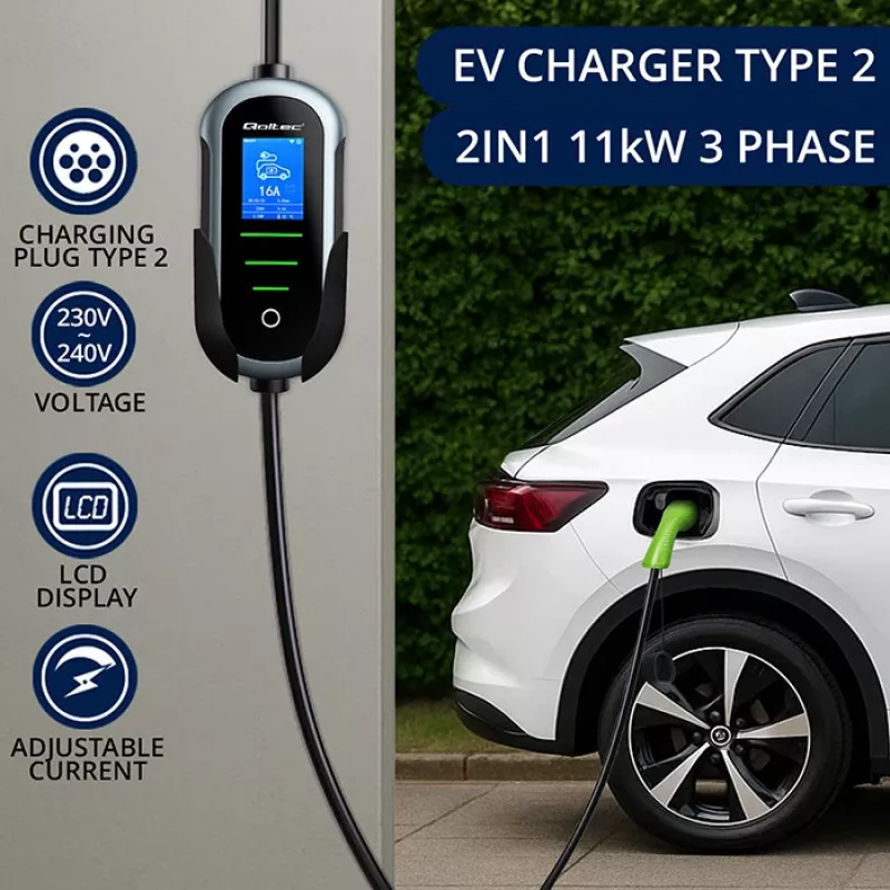 Ładowarka samochodowa elektryczna QOLTEC Mobile EV 2in1 Type2 11 kW 400 V Wi‑Fi TUYA SMART LIFE LCD przenośna wallbox kabel 5 m