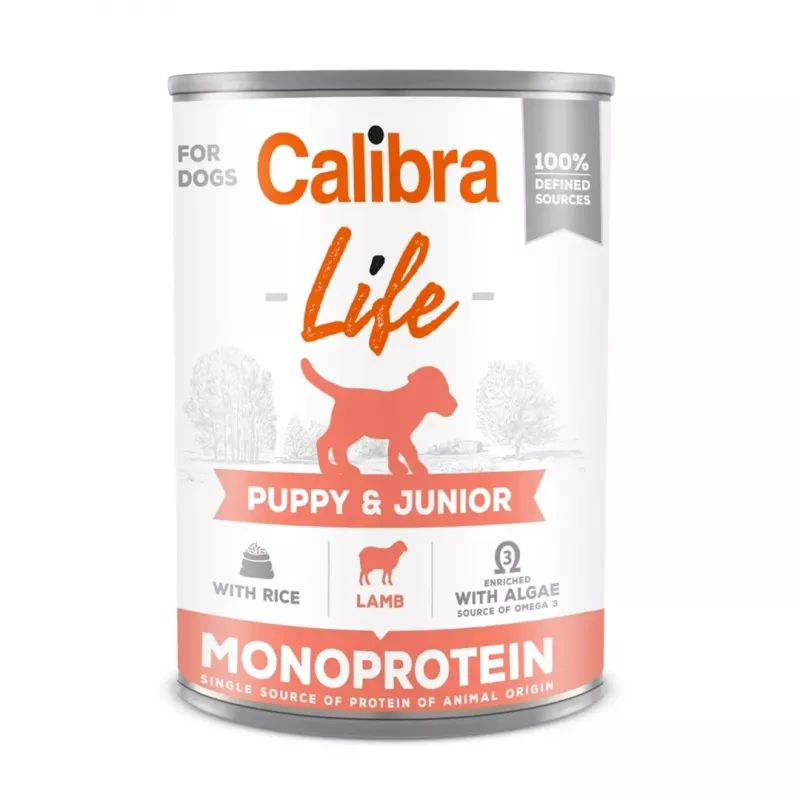 Mokra karma dla psa Calibra Puppy & Junior Lamb & Rice — 400 g, pełnowartościowa karma mokra dla szczeniąt z alergiami, białko 9,5%, tłuszcz 7,5%