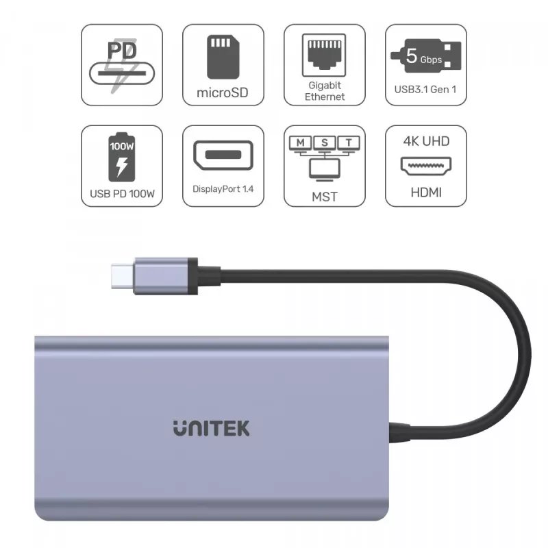 Hub UNITEK uHUB S7 USB 3.2 Gen 1 Type-C szary