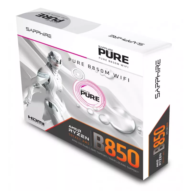 Płyta główna Sapphire PURE B850M WIFI Micro ATX — AMD B850, Socket AM5, DDR5 do 8000 MHz, 4 DIMM, Wi‑Fi 6, LAN 2,5 Gb, 2× M.2, PCIe 5.0 x16
