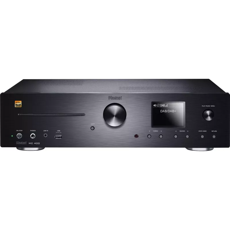 Odbiornik stereo Magnat MC 400 — 2.0 kanałów, 40 W na kanał, odtwarzacz CD, Wi‑Fi, Bluetooth, DAB/FM, Ethernet (czarny)