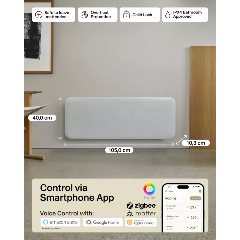 Mill Invisible Smart WiFi Heater | PA2000WIFI4 | Panel Heater | 2000 W | Do pomieszczeń do 24-28 m² | Biały | IPX4