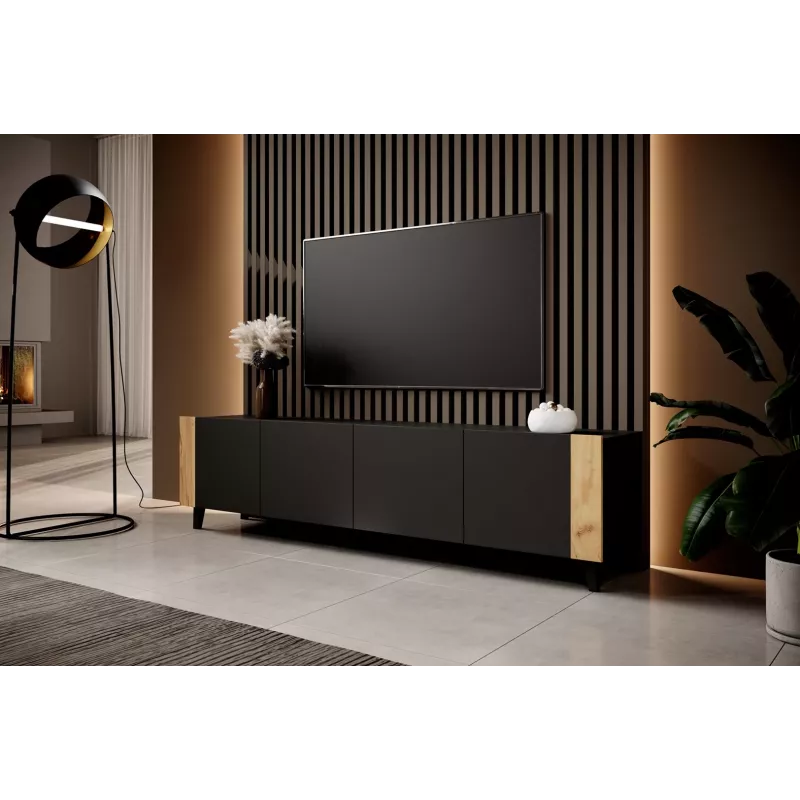 szafka TV FARO 200x42x52 czarny matowy + dąb craft