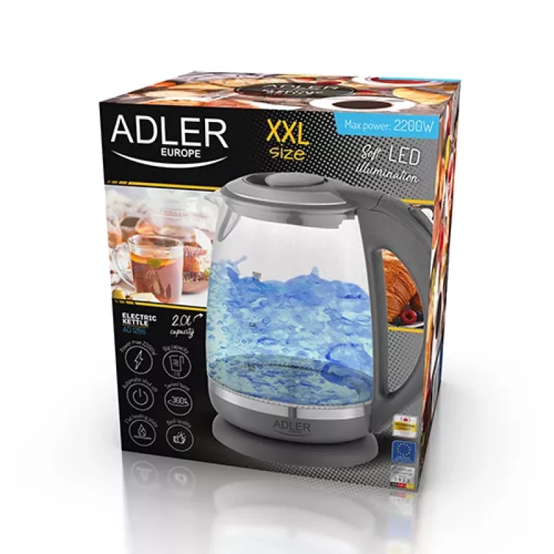 Adler | Czajnik | AD 1286 | Standard | 2200 W | 2 L | Plastik/Szkło | Obrotowa podstawa 360° | Szary/Przezroczysty