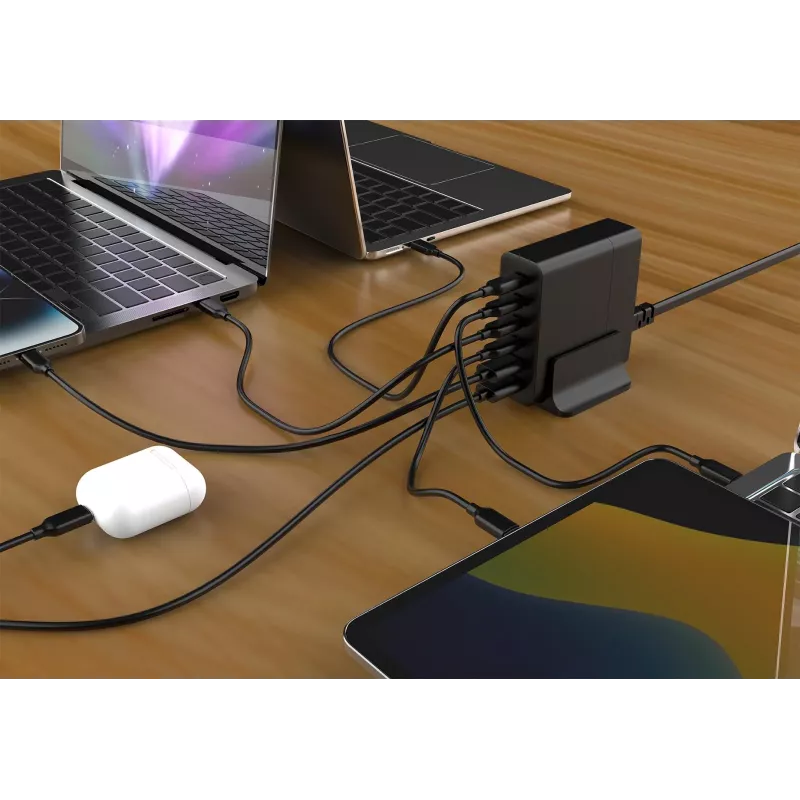 GEMBIRD ładowarka do urządzeń mobilnych TA-UC-2A4C-PD75-01-BK — 75 W, 4× USB-C + 2× USB-A, PD i QC3.0, jednoczesne ładowanie 6 urządzeń, kabel 1,5 m, czarna