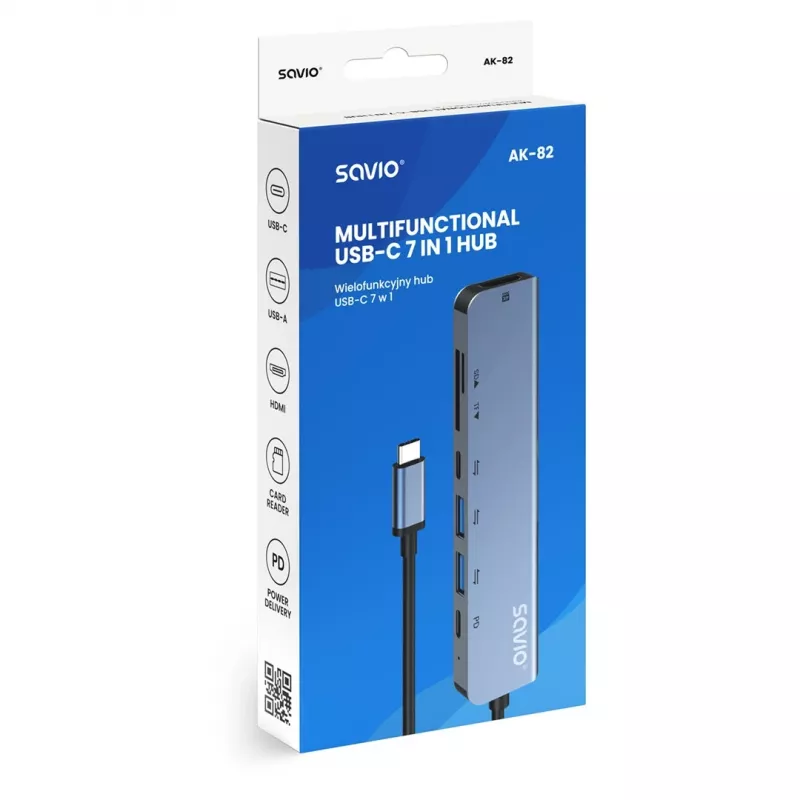 Hub USB Type-C SAVIO AK-82 z HDMI, MicroSD, USB 3.2 Gen1, PD passthrough, 4K@30Hz, 5000 Mbit/s, czarny