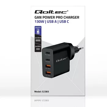 Ładowarka Qoltec GaN POWER PRO | 2xUSB-C | 2xUSB | 130W | 5-20V | 1.5-5A | XP | Czarny