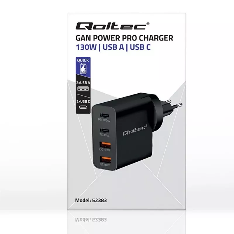 Ładowarka Qoltec GaN POWER PRO | 2xUSB-C | 2xUSB | 130W | 5-20V | 1.5-5A | XP | Czarny
