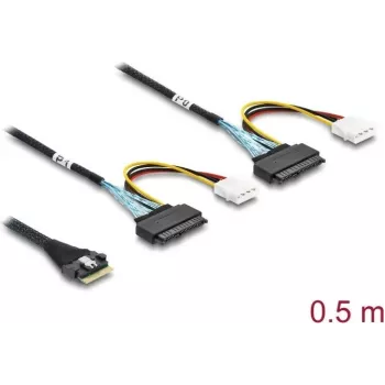 DELOCK PCIe 4.0 cienki SAS kabel SFF-8654 8i do 2× gniazd U.2 SFF-8639 z wtykiem zasilania 0,5 m