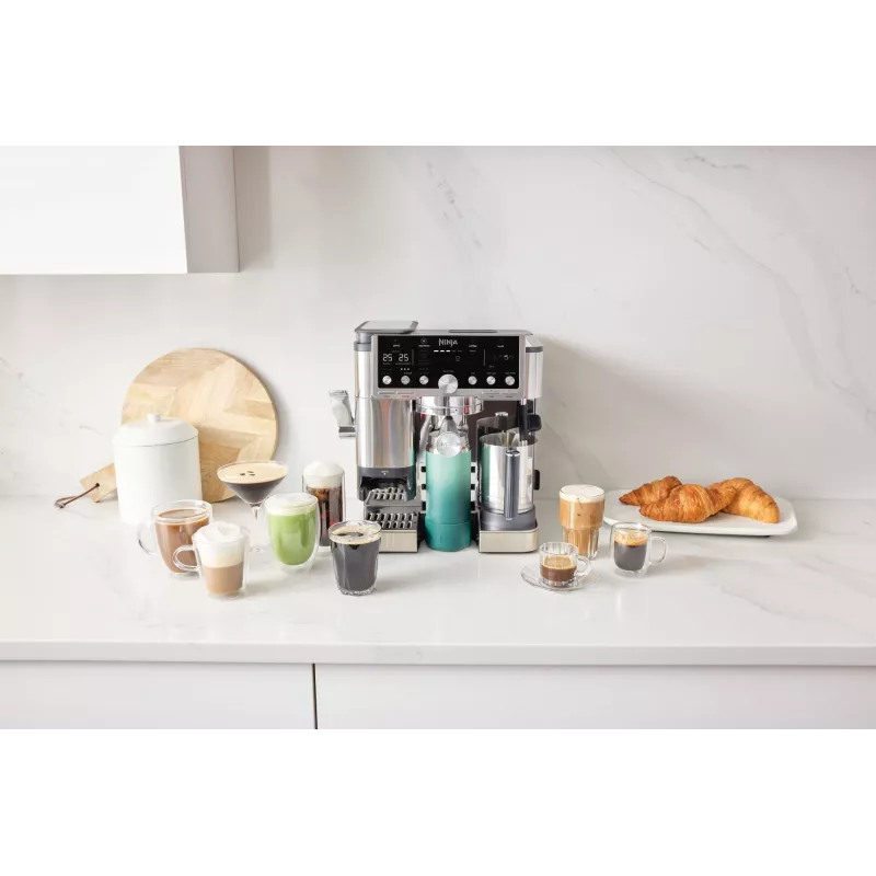 Ekspres do kawy Ninja ES701EU — półautomatyczny ekspres do kawy/espresso, wbudowany młynek, zbiornik na wodę 2 l, 1650 W, 25 ustawień mielenia, pojemnik na mleko, pompa 14 bar